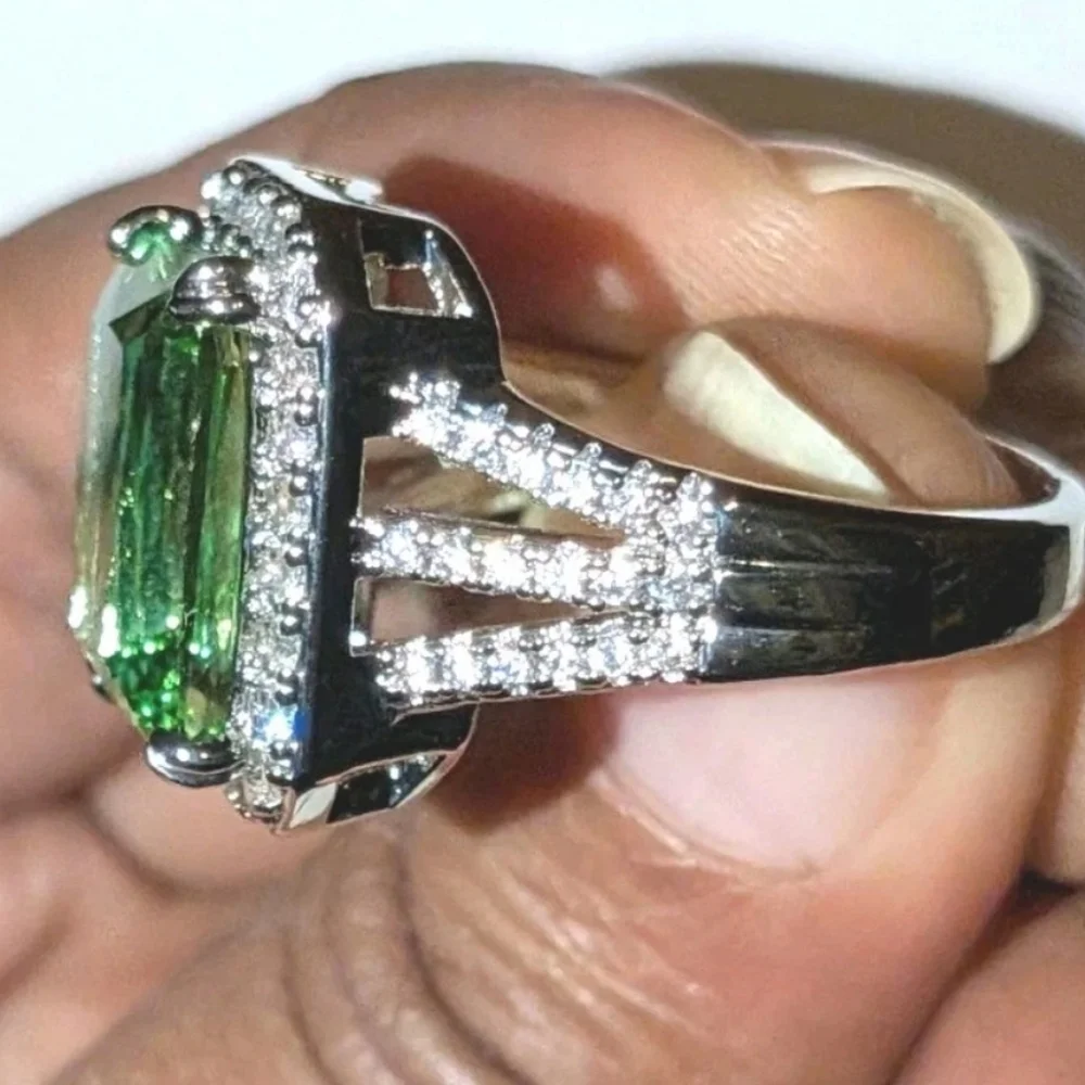 Women's Emerald Cut Green Peridot Halo Engagement Ring 14K White Gold Plated Sz9